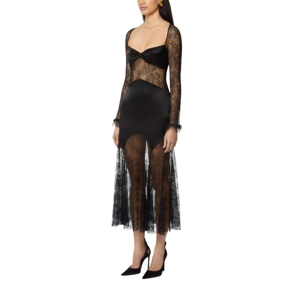 Nina Ricci Open Neck and Long Sleeves Lace and Satin Dress in Black FR 36 US 4 - Picture 2 of 5